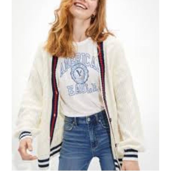 American Eagle Size S Sweater Oversized Cardigan Cable Knit  Boyfriend Preppy - Picture 1 of 12